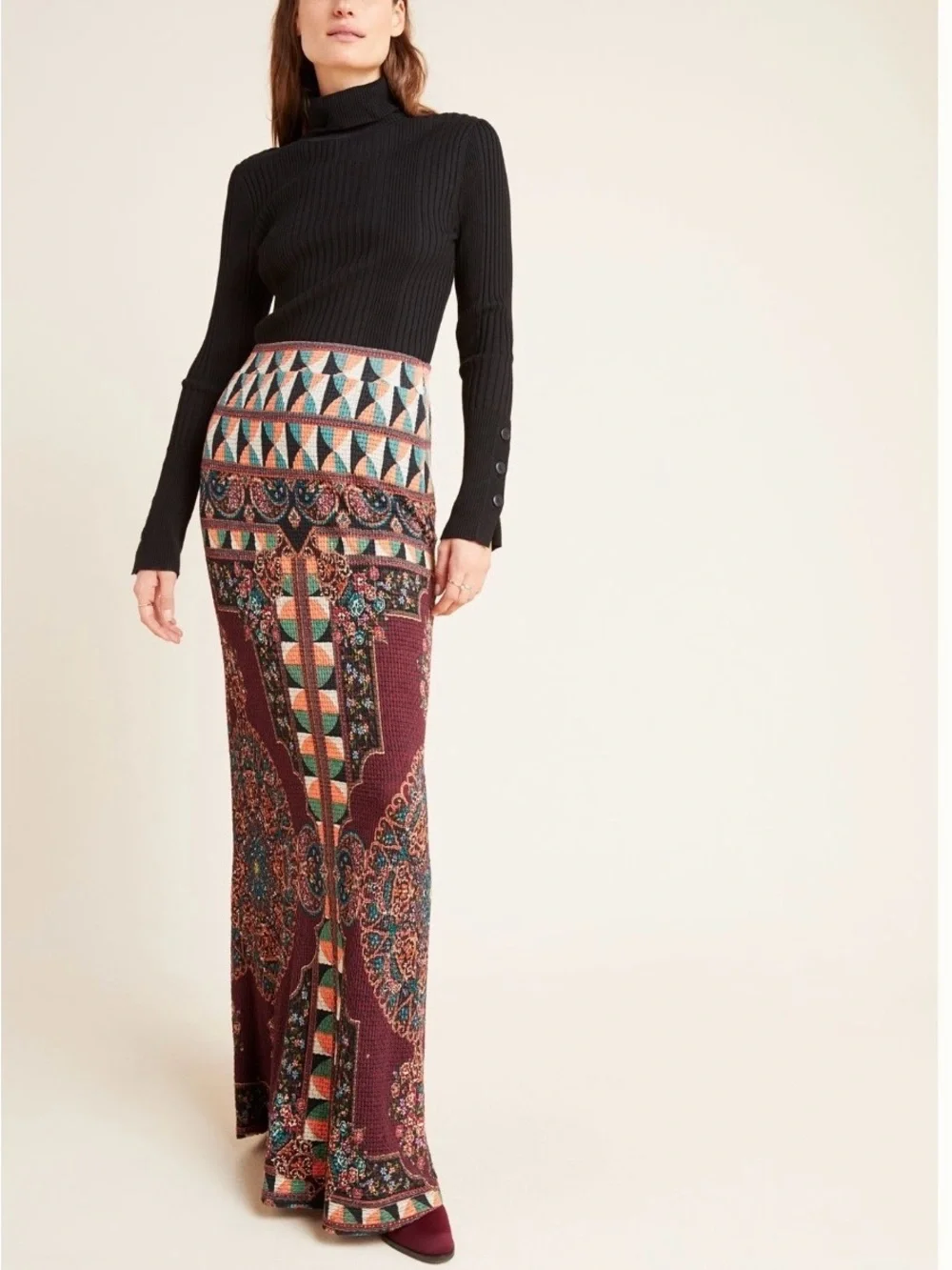 NWT! Farm Rio Anthropologie Mixed Print -SZ S- Textured Stretchy Maxi Skirt